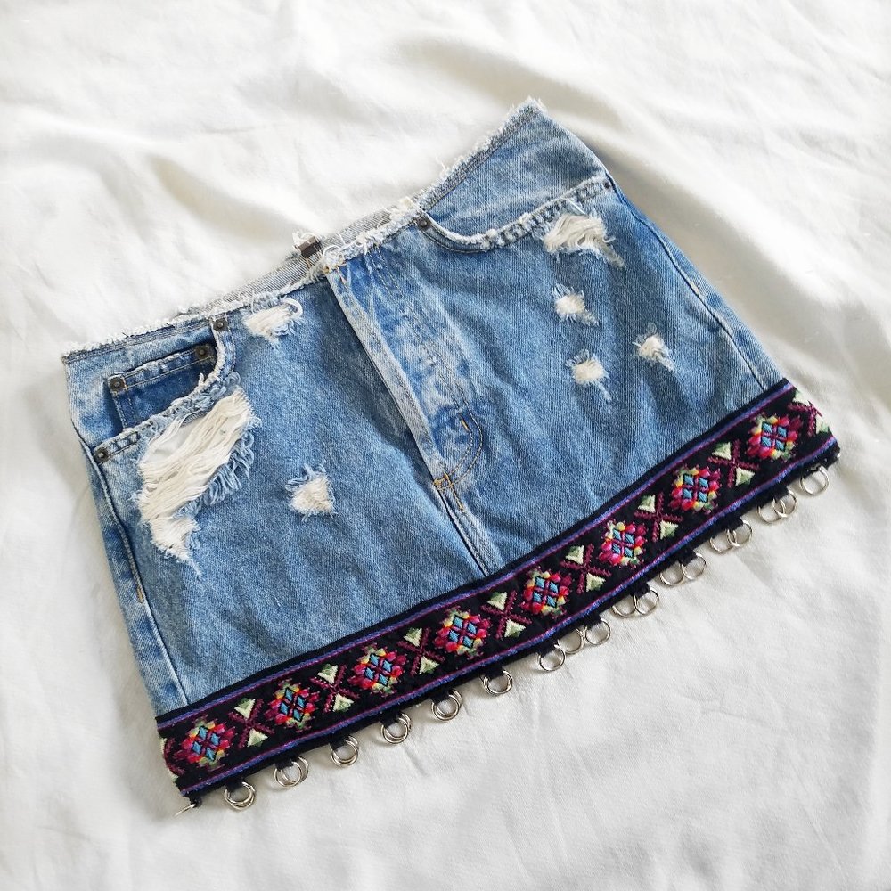 Carmar Distressed Embroidered O-Ring Mini Skirt
